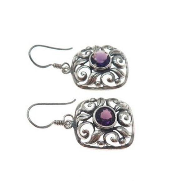 925 Sterling Silver Vintage Real Amethyst Floral Oxidized Dangle Earrings - Picture 5 of 7
